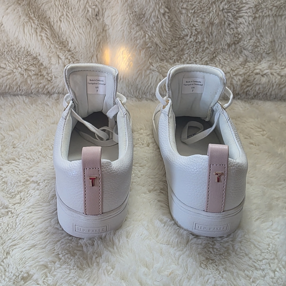 Ted Baker Bailly White Leather Pink Webbing Stripe Sneakers Womens 7 Like New - Picture 5 of 7